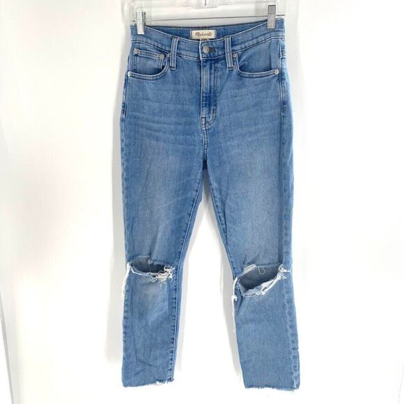 Madewell Womens High Rise Crop Boyjean Sz 23‎ Light Wash Distressed Raw Hem - Picture 1 of 12